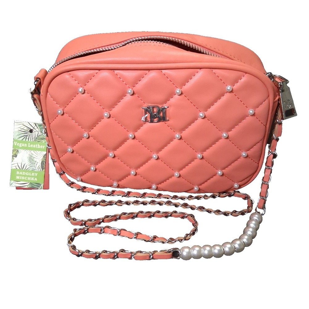 Badgley‎ Mischka Coral Pink Diamond Quilted Pearl Crossbody Camera Bag Purse